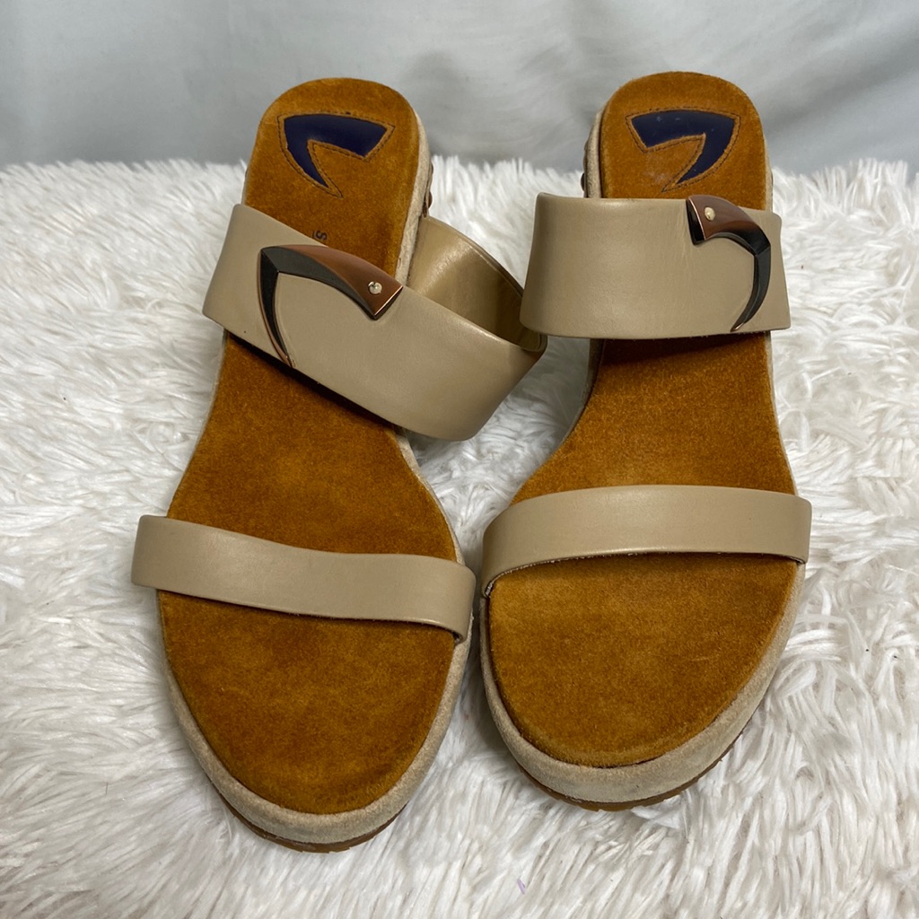 Donald J Pliner Kelly Toffee Tan Brushed Leather Suede Wedge Sandals Slides 8